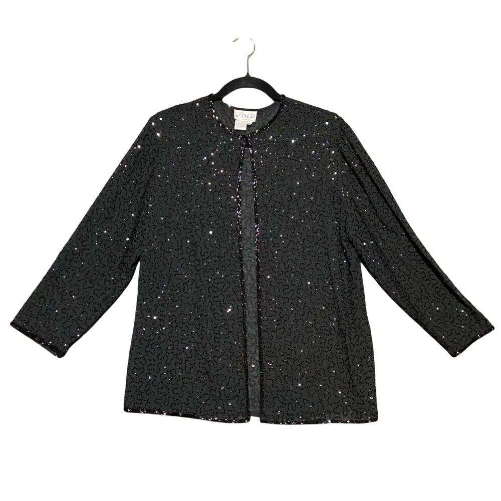 JMD New York Womens Vintage Beaded Sequin Evening Jacket Size M Black Open Front